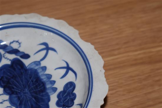 Four Chinese blue and white footed dishes largest diameter 20cm